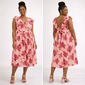 Eloquii Flower Printed Pink Ruffle Sleeve Midi Dress Women’s Size 18